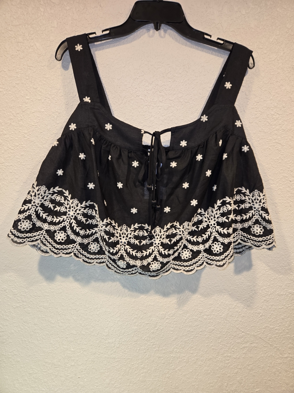 Black Cropped Tank Top with White Embroidered Lace